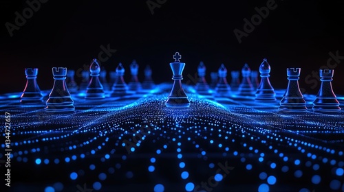 Abstract chessboard with glowing blue chess pieces, symbolizing strategic thinking, dark minimalist design  