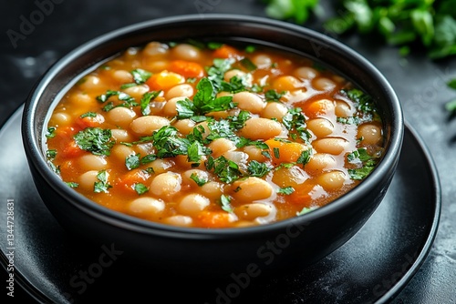 Delicious White Bean Soup Recipe Homemade Vegetable Bean Stew in Black Bowl