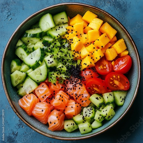 Colorful Bowl of Fresh Ingredients With Salmon, Mango, Cucumber, and Cherry T...
