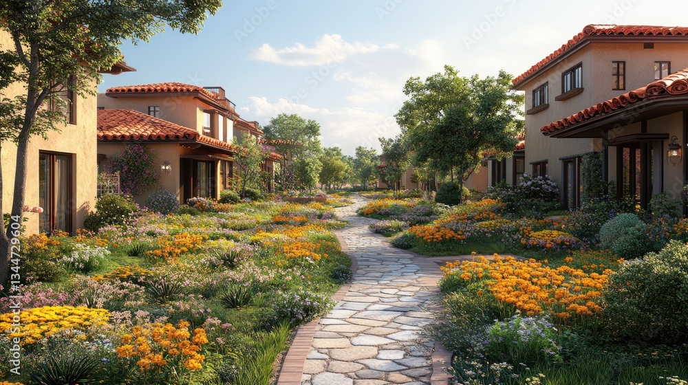 Sunlit pathway meanders through vibrant flower gardens between charming Mediterranean-style homes. Sunlit pathway meanders through vibrant flower gardens between charming Mediterranean-style homes.