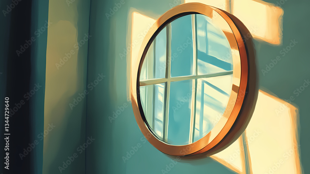 Round mirror with wooden frame reflecting a bright window. Shadow Mirror. Illustration Round mirror with wooden frame reflecting a bright window. Shadow Mirror. Illustration