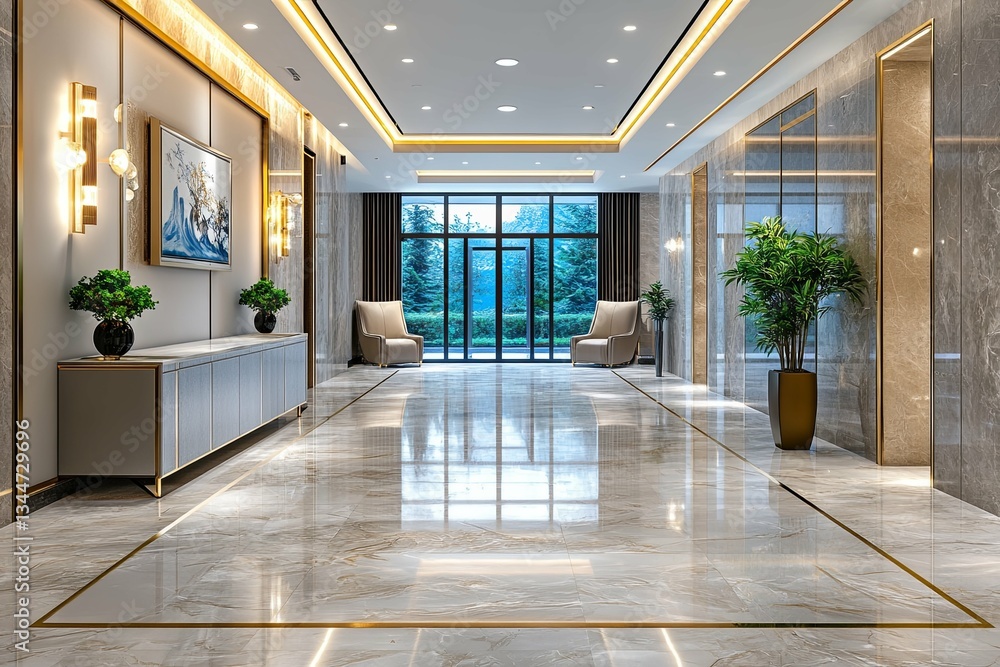 Fototapeta premium A long and luxurious interior hallway with elegant decorative features and lighting