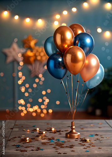 birthday party balloons, colorful balloons background and birthday cake with candles