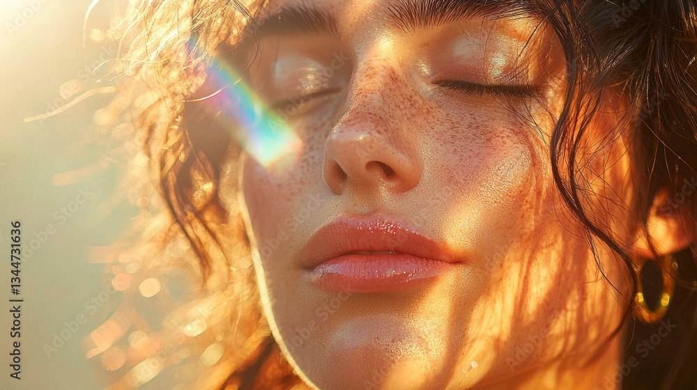 A woman with a sunburned face and with closed eyes A woman with a sunburned face and with closed eyes