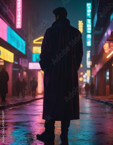 A lone silhouette against the backdrop of a neon city on a rainy night Loneliness in the big night city. Drama. Cinematic picture. Selective focus.