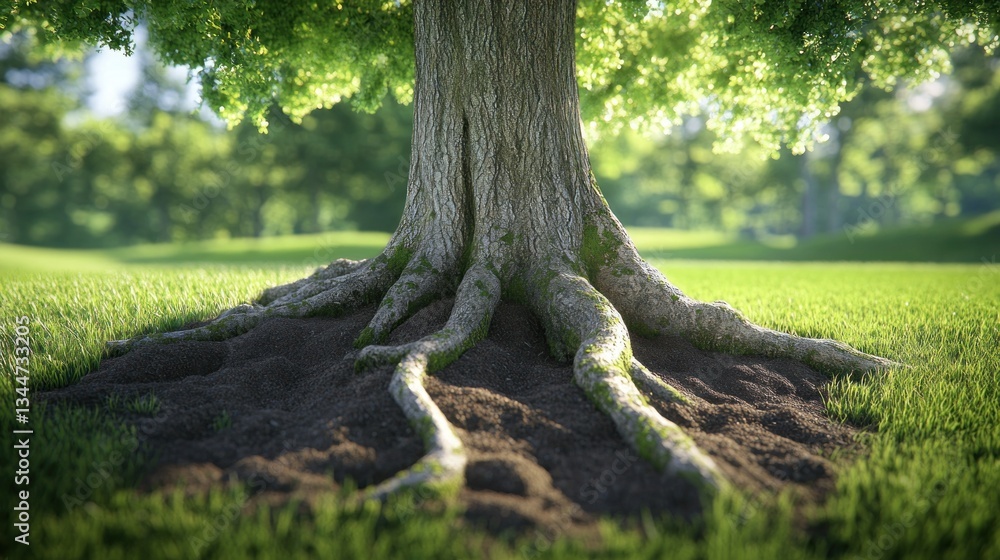 Obraz premium Majestic tree trunk and exposed roots in a lush green meadow, bathed in sunlight.