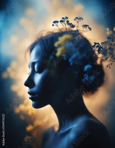 A dreamy, surreal portrait of a female silhouette with a soft, blurred effect