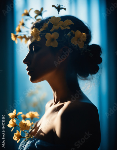 A dreamy, surreal portrait of a female silhouette with a soft, blurred effect