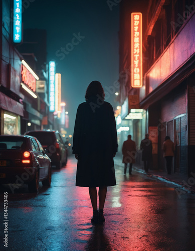 A lone silhouette against the backdrop of a neon city on a rainy night Loneliness in the big night city. Drama. Cinematic picture. Selective focus.