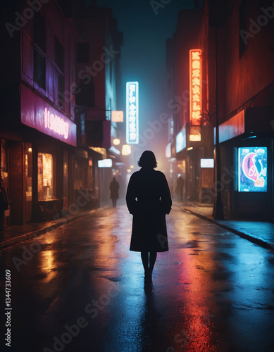 A lone silhouette against the backdrop of a neon city on a rainy night Loneliness in the big night city. Drama. Cinematic picture. Selective focus.
