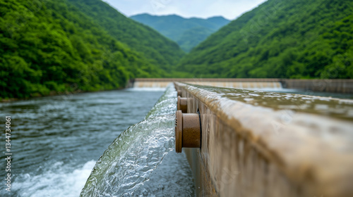 Wallpaper Mural A serene river flows through lush green mountains, with water cascading over a stone edge. The scene captures the harmony of nature, evoking calmness and tranquility. Torontodigital.ca