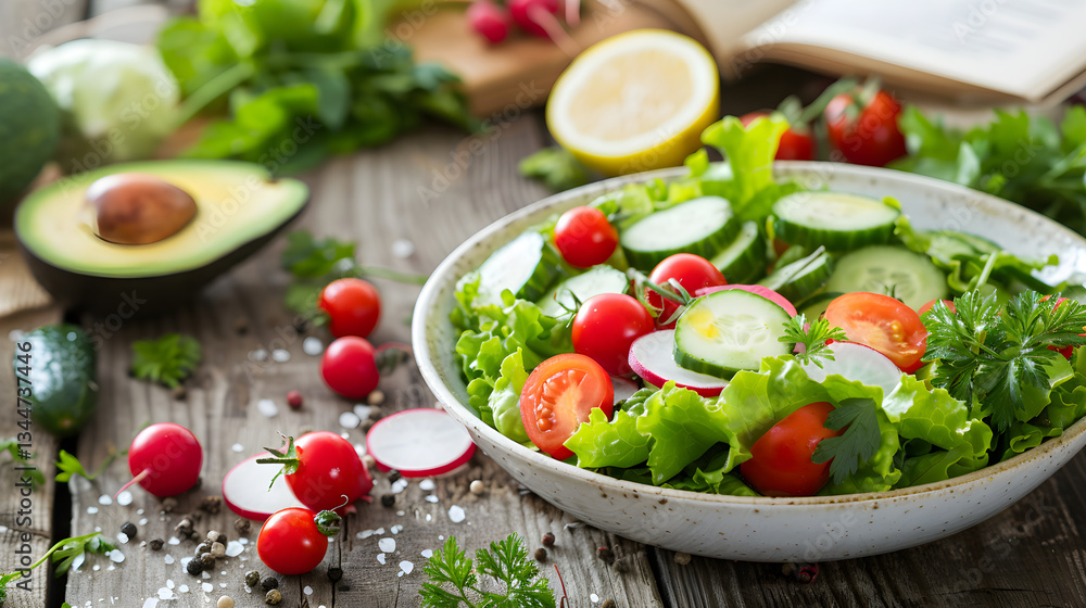 Burst of Colors: Fresh and Healthy Vegetarian Salad Recipe Displayed on a Rustic Wooden Setting Burst of Colors: Fresh and Healthy Vegetarian Salad Recipe Displayed on a Rustic Wooden Setting