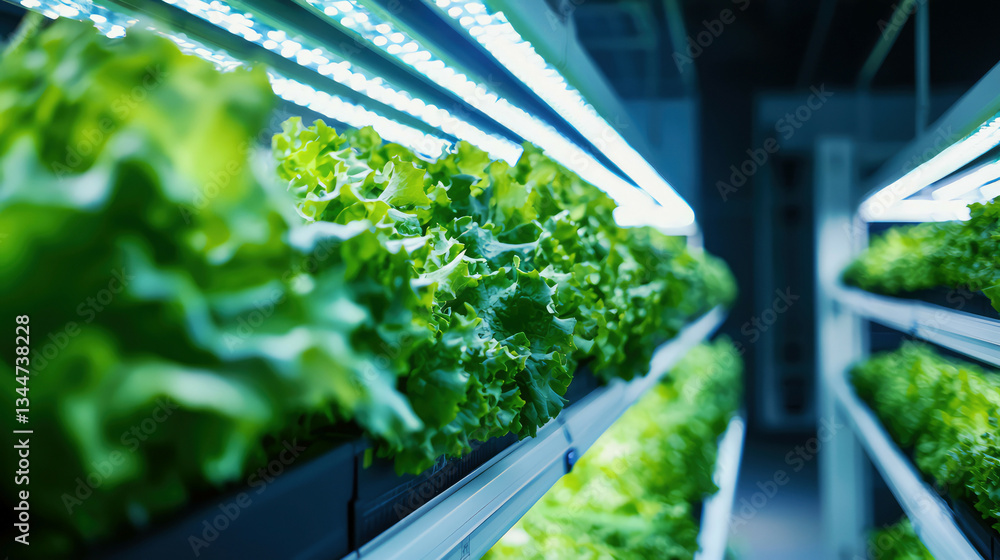 Rows of fresh vegetables thriving in a clean vertical farming facility, glowing softly under soft blue LED lights Rows of fresh vegetables thriving in a clean vertical farming facility, glowing softly under soft blue LED lights