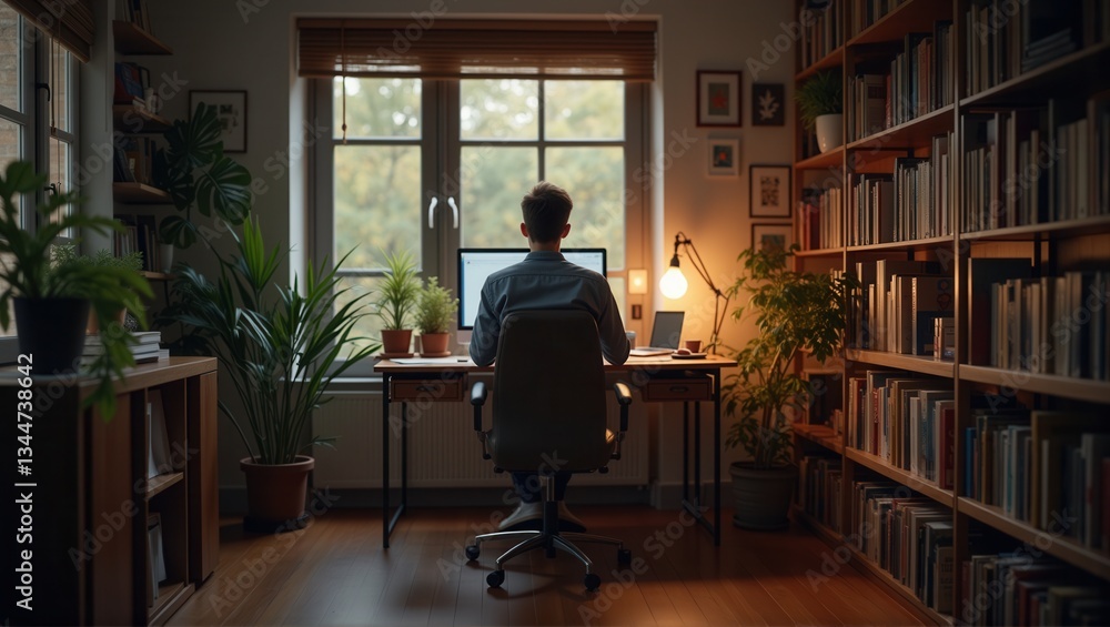 A person sits at a desk working on a computer in a cozy, well-lit room filled with plants and bookshelves. The natural light streaming in creates a calm atmosphere. Generative, AI, A person sits at a desk working on a computer in a cozy, well-lit room filled with plants and bookshelves. The natural light streaming in creates a calm atmosphere. Generative, AI,