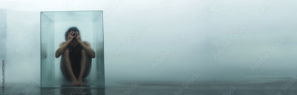 A distressed man sits alone in a dimly lit room, his face buried in his hands, conveying deep emotional pain and despair. Depression copy space