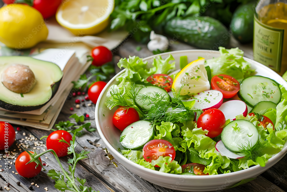 Burst of Colors: Fresh and Healthy Vegetarian Salad Recipe Displayed on a Rustic Wooden Setting