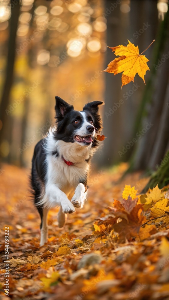 Fototapeta premium Playful border collie chasing autumn leaves in a serene forest setting captured in a vibrant nature scene