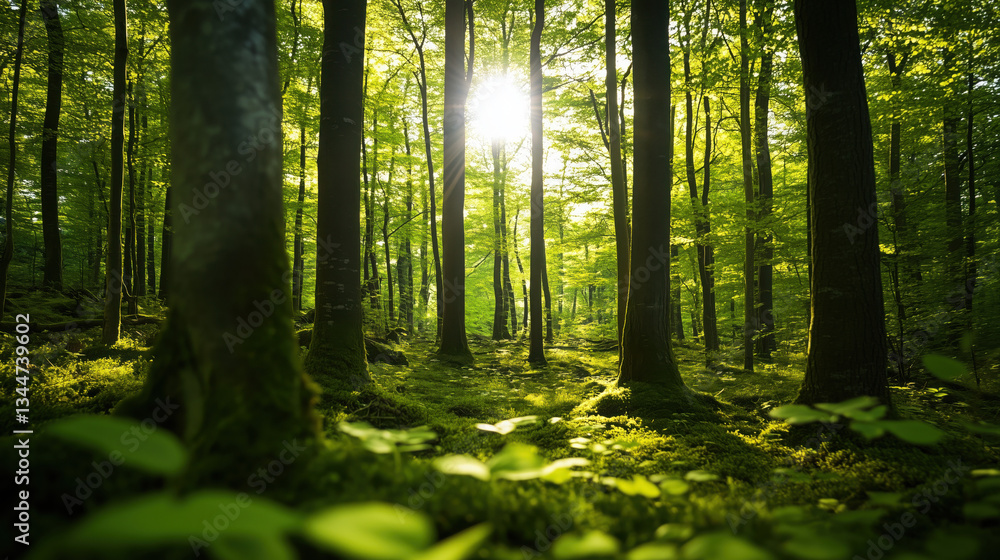 Fototapeta premium Tall Trees with Sunlight Streaming Through the Lush Green Forest, Illuminating the Tranquil and Verdant Landscape