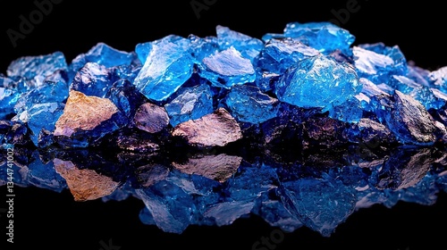   A blue rock pile rests on a black table, beside a reflective black surface