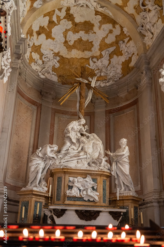 Naklejka premium Ornate Religious Altar Inside a Church An elaborately designed religious altar with intricate sculptures, featuring a central figure holding a cross. The altar is framed by a richly decorated ceiling 