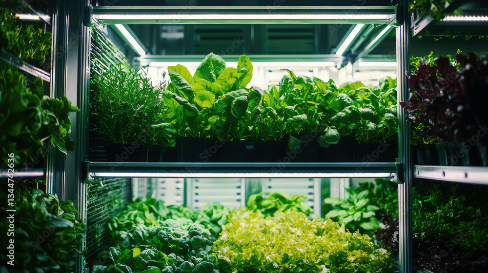 Vertical farm with multi-tiered plant racks, vibrant green herbs thriving under LED lighting Vertical farm with multi-tiered plant racks, vibrant green herbs thriving under LED lighting