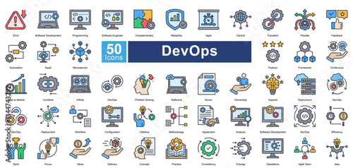 DevOps icon set in lineal color style, featuring 50 icons of automation, deployment, agile workflows, and software development. Ideal for IT operations, cloud computing, and CI/CD pipelines.