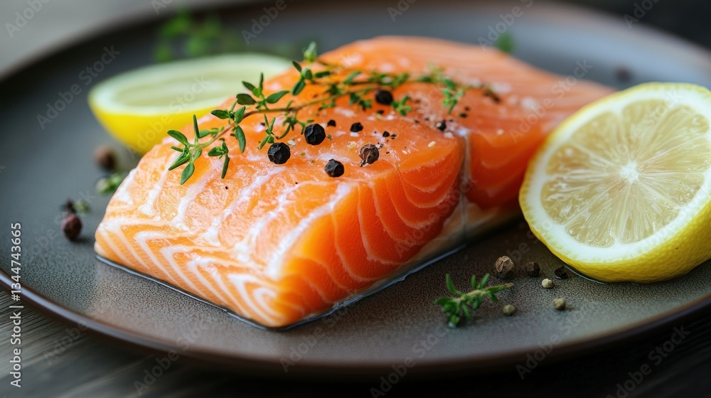 Fresh salmon fillet seasoned with thyme peppercorns and lemon slices Fresh salmon fillet seasoned with thyme peppercorns and lemon slices