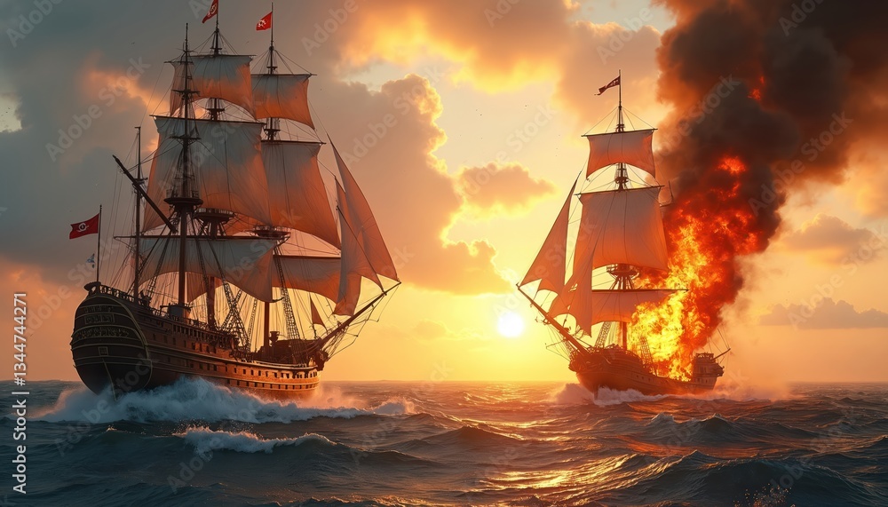 Fototapeta premium Pirate ships engage in sea battle at sunset. Cannon fire, thrilling naval combat, maritime clash. Wooden vessels sail dangerous waters. Intense action, courageous sailors fight epic battle on pirate