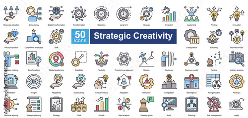 Strategic Creativity icon set in lineal color style, featuring 50 icons on innovation, leadership, adaptability, and business transformation. Ideal for strategy planning, market analysis, and growth.