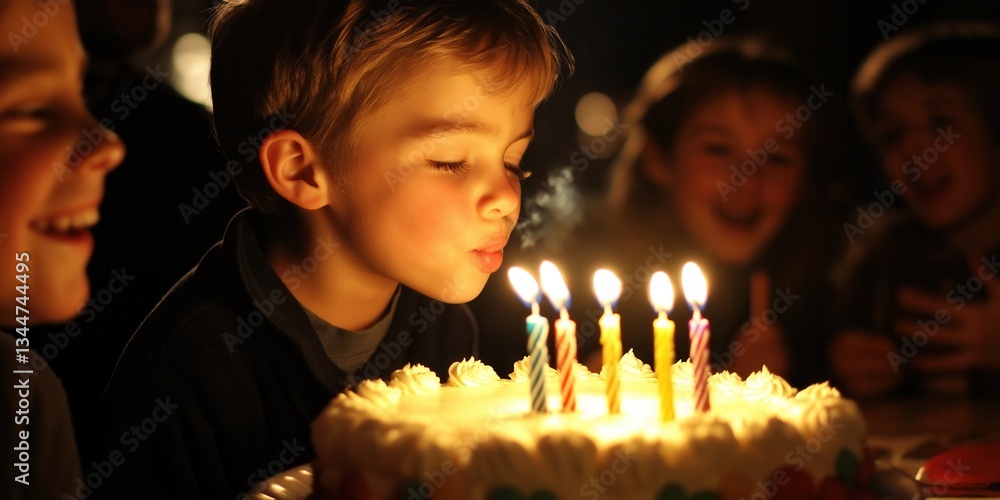 Φωτογραφία Cheerful little kid blowing out candles on their birthday cake, surrounded with family and joyful friends
