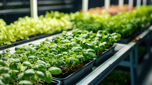 Vertical farming setup with automated irrigation systems, fresh herbs thriving in modular trays