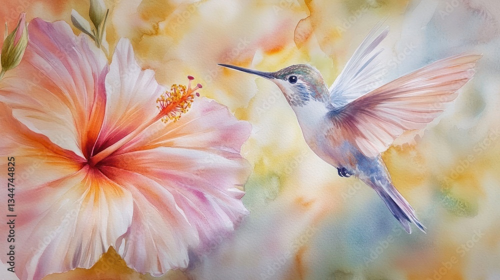 Naklejka premium Watercolor Hummingbird Near Hibiscus Flower
