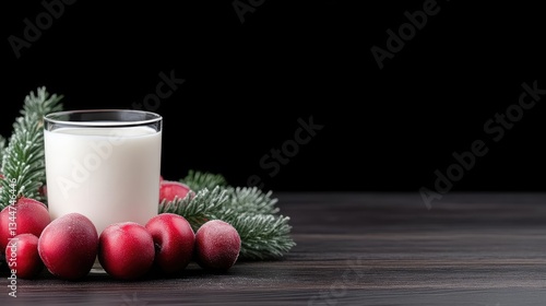 Milk drink with cranberries and pine sprigs
