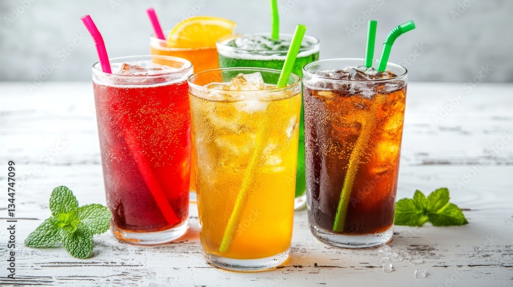 Fototapeta premium Soda water of different flavors with ice cubes in glasses on white wooden table, top view