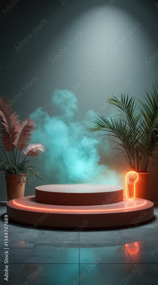 Obraz premium two-tiered round display platform with neon light and tropical plants