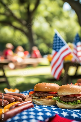 Juicy cheeseburgers and grilled hot dogs on a patriotic tablecloth with American flags in the background at an outdoor picnic. The scene represents summer celebrations, family gatherings