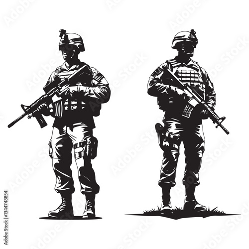  Silhouette vector set of an American soldier holding a gun. On white background