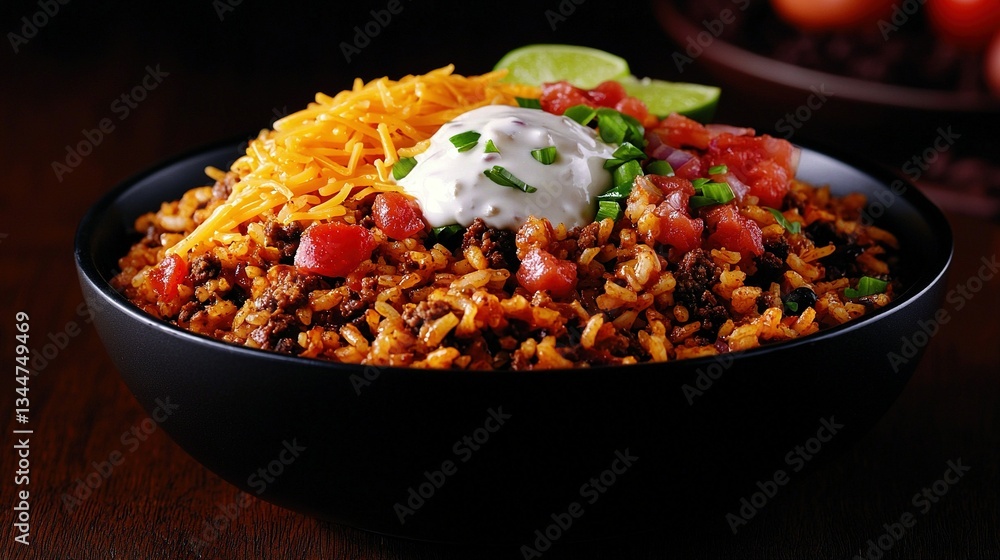 A bowl of food containing rice and beans with a dollop of sour cream on top of the rice is displayed in this close-up image A bowl of food containing rice and beans with a dollop of sour cream on top of the rice is displayed in this close-up image