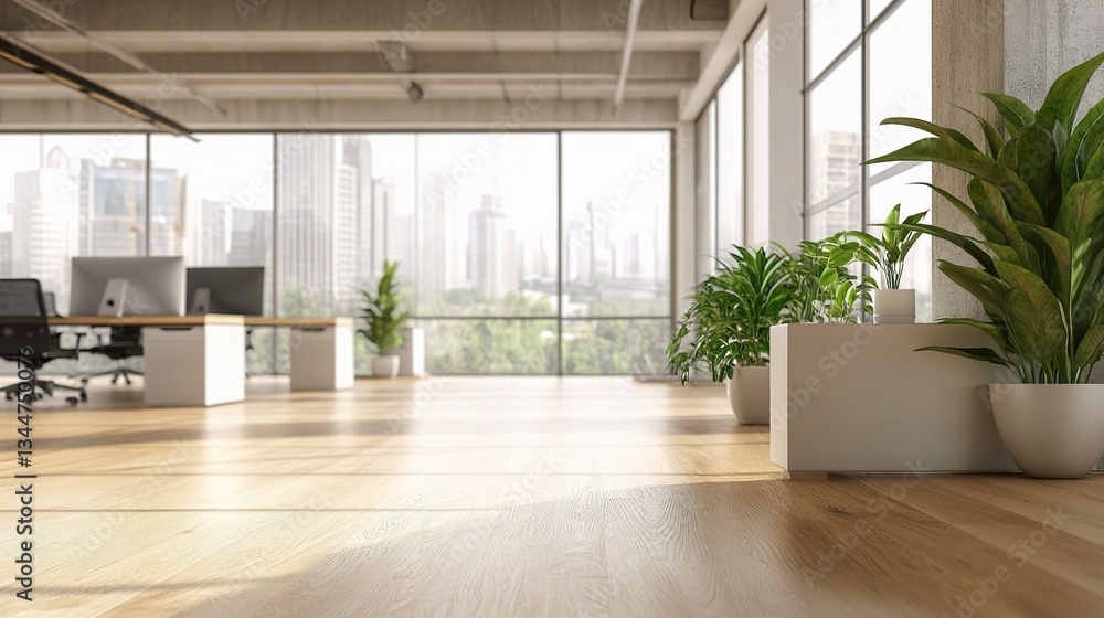 Modern Office Interior with Plants and City View in Background Modern Office Interior with Plants and City View in Background