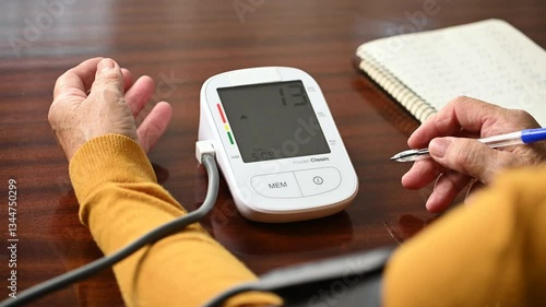 Closeup screen of tonometer measuring blood pressure to senior woman. Retired uses medicine digital device tonometer for control health at home