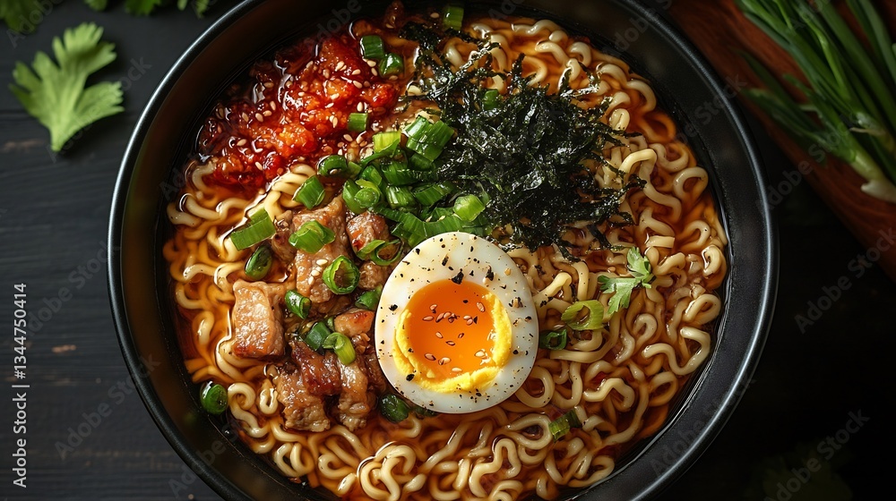 Ramen noodles flavorful broth topped with sliced pork boiled egg seaweed green onions served in a deep bowl top view captures the rich details Ramen noodles flavorful broth topped with sliced pork boiled egg seaweed green onions served in a deep bowl top view captures the rich details