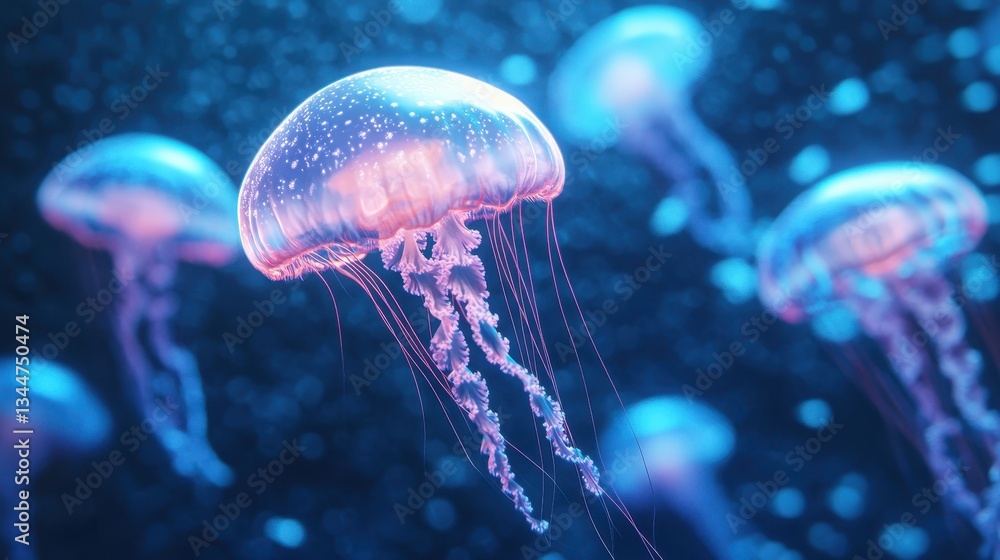 Several bioluminescent jellyfish swim gently in a dark marine environment Several bioluminescent jellyfish swim gently in a dark marine environment