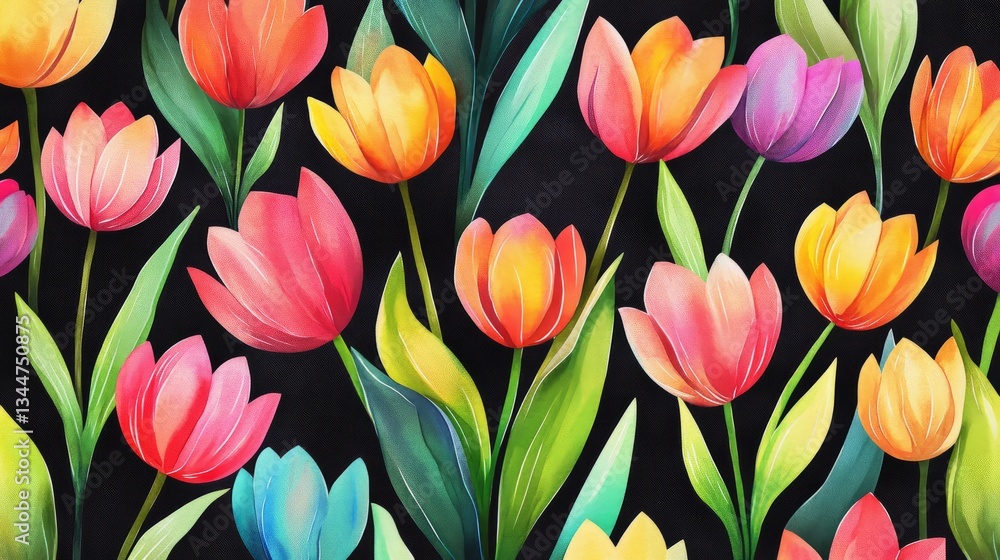 Fototapeta premium Seamless floral pattern with colorful tulips blooming on black background creates a vibrant and captivating design