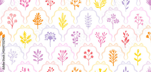Floral pattern. Bow ribbon seamless background with flower coquette. Vector preppy print. Crayon floral pattern. Blue pink vintage tile design. Repeat damask bouquet. Chalk crayon elegant wallpaper bg