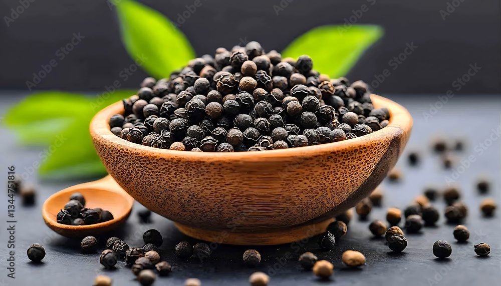Black Peppercorns in Wooden Bowl. Black Peppercorns in Wooden Bowl.