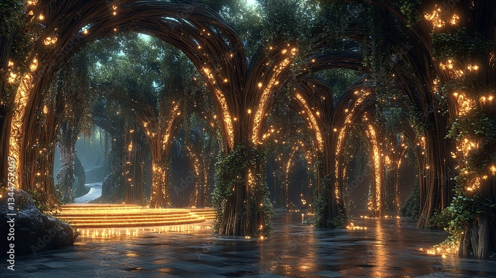 Obraz premium Enchanting forest with ornate trees and illuminated pathways at night