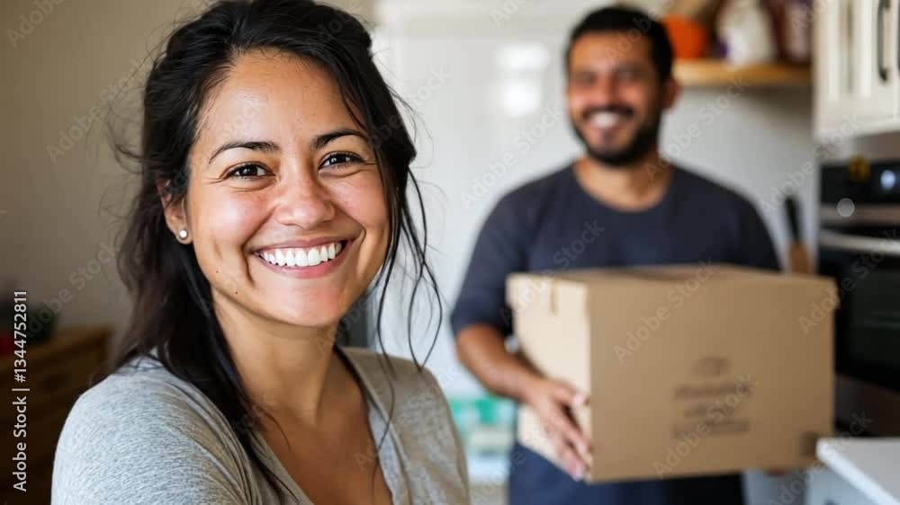 A cheerful couple enjoys quality time together in their warm kitchen, unpacking boxes filled with new home essentials. Laughter and excitement fill the air as they settle in A cheerful couple enjoys quality time together in their warm kitchen, unpacking boxes filled with new home essentials. Laughter and excitement fill the air as they settle in