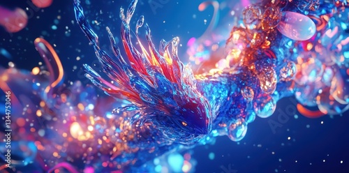 A colorful abstract ethereal creature swimming in darkness emerges