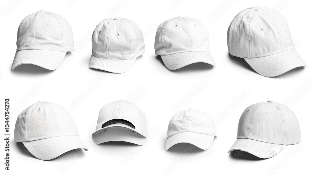 White baseball caps mockup, studio shot, various angles, design template White baseball caps mockup, studio shot, various angles, design template