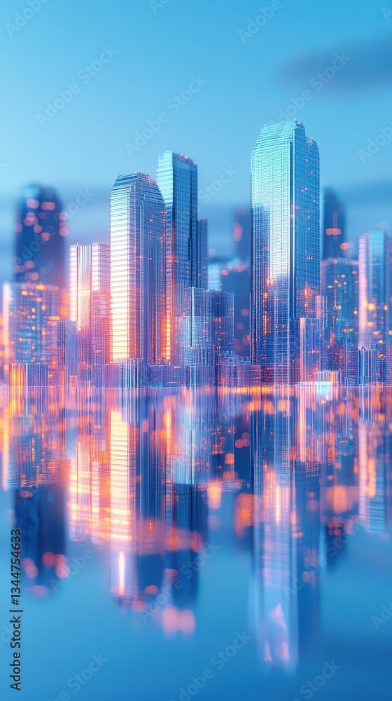 Fototapeta premium Abstract digital depiction of a modern cityscape reflecting in water